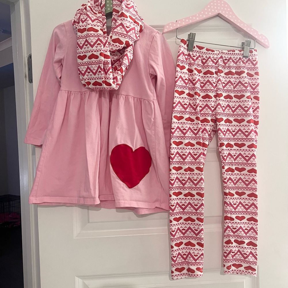 Little Girls Pink and Red Heart Long Sleeve Tunic, Leggings and Scarf Set